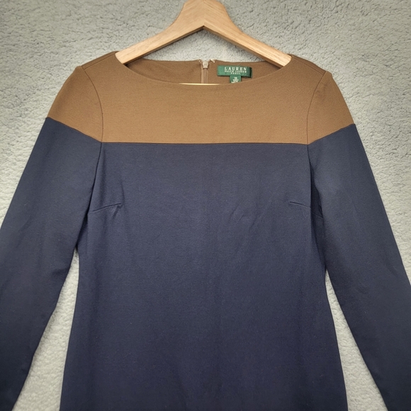 Lauren Ralph Lauren sheath Dress Color Block Stretch Long Sleeves sz 10 - Picture 2 of 10